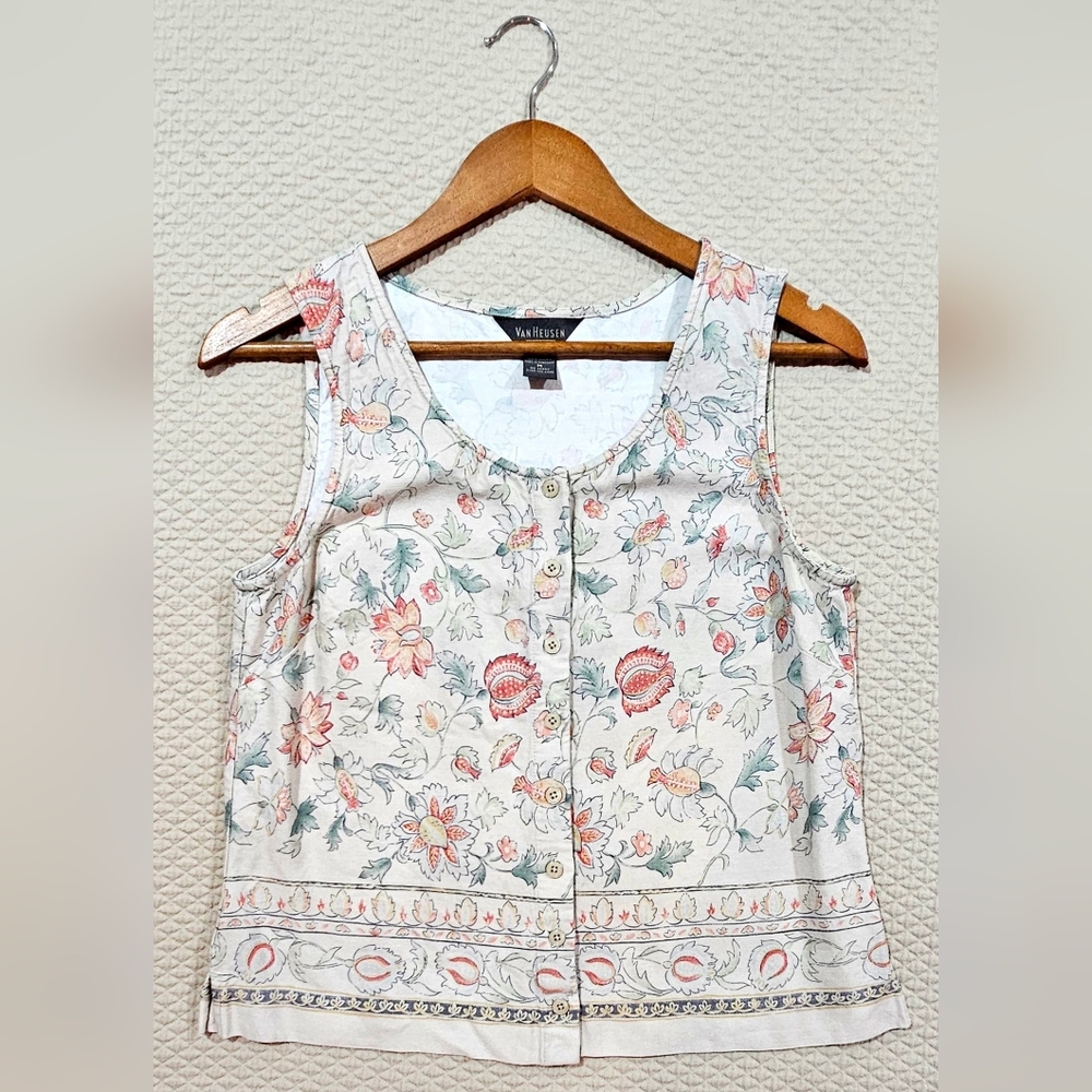 Van Heusen Button-Up‎ Cream and Pink Floral Sleeveless Blouse Size M